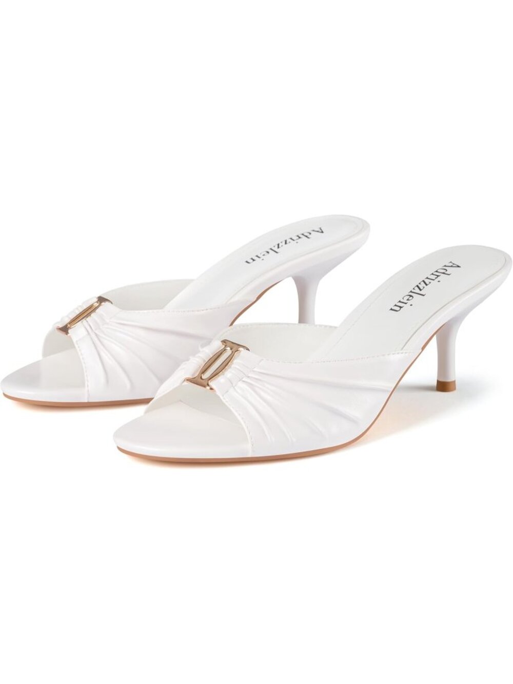 Women's White Ruched Kitten Heels Metal Round Toe Mules Peep Open Toe Low Heel